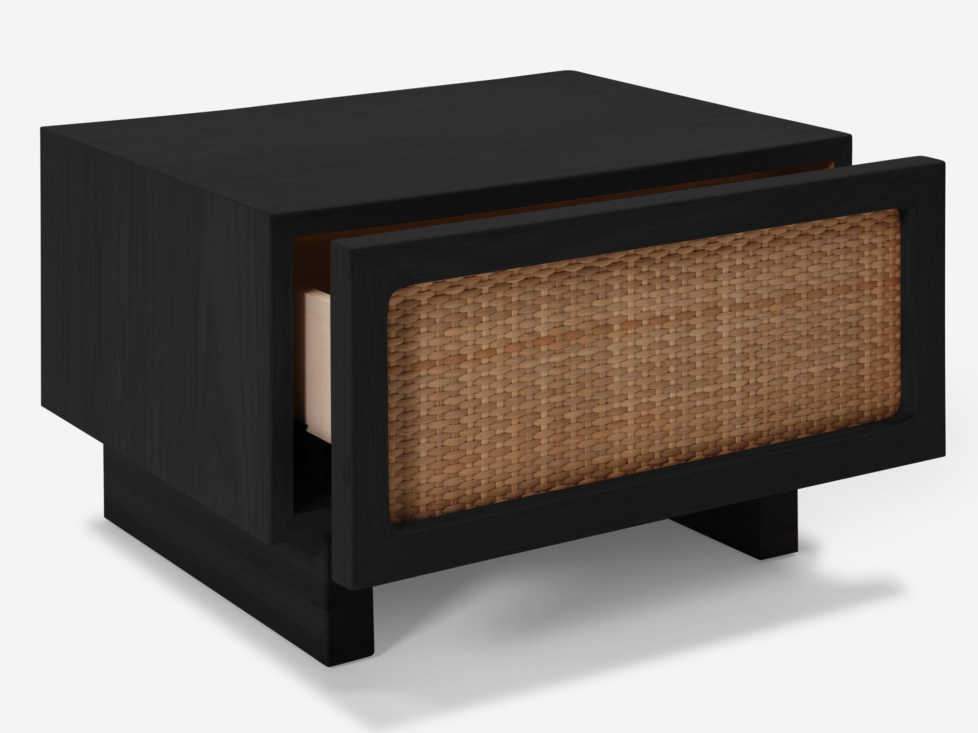Black oak nightstand with woven drawer fronts drawer open detail view